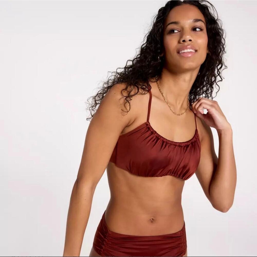 CALIA Swim 2 Piece Scrunch Tie Back Bikini High Waist Bottom XSmal Lace up Brown